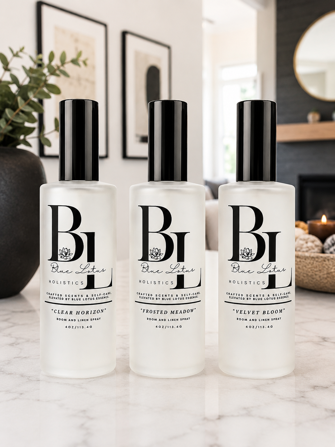 Room and linen sprays from The Atmosphere No. 1 Collection displayed in a modern home setting