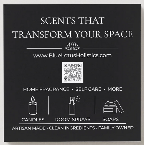 Blue Lotus Holistics business card featuring candles, room sprays, soaps, and website information