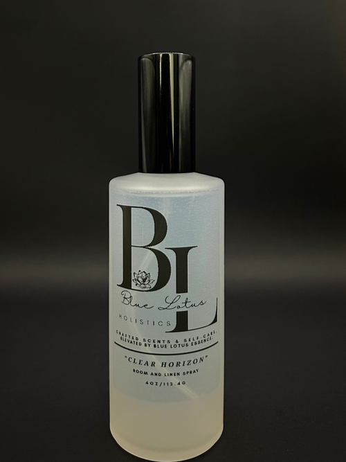 Clear Horizon room and linen spray in a frosted glass bottle by Blue Lotus Holistics