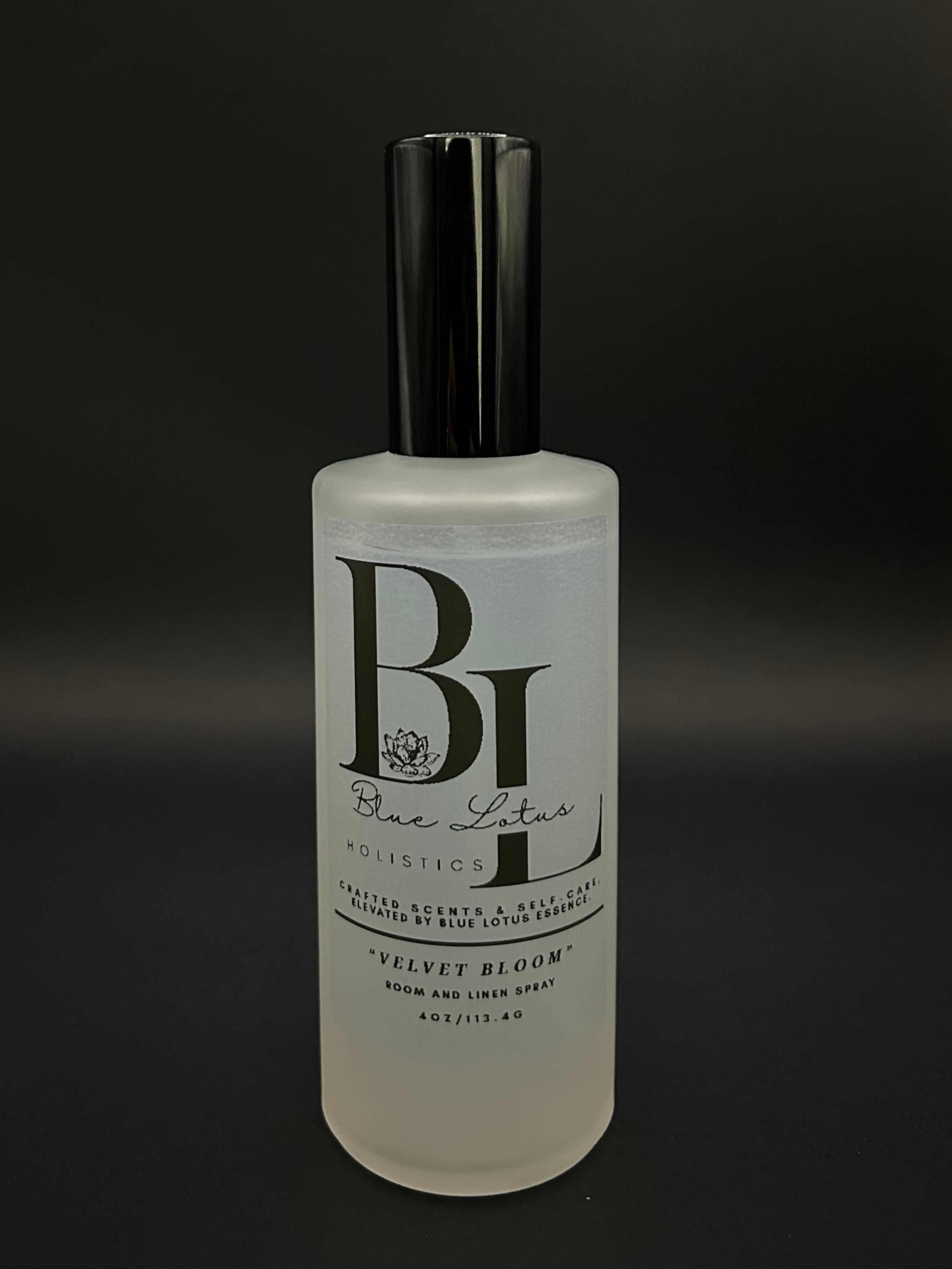 Velvet Bloom room and linen spray in a frosted glass bottle by Blue Lotus Holistics